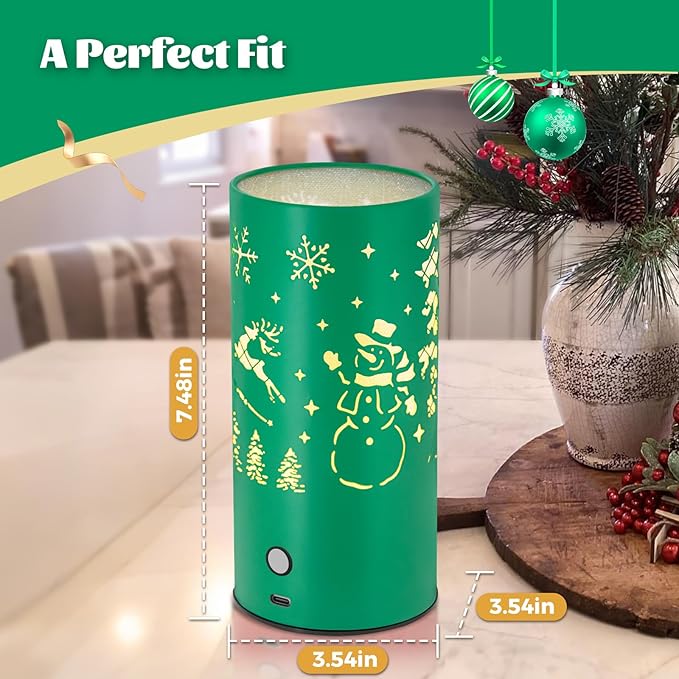 Christmas Table Lamp with Hollow-Out Design - Rechargeable Touch Control Dual Color LED, Warm/Cool White Metal Decor for Home Desk Party, 1200mAh Battery(Greed)