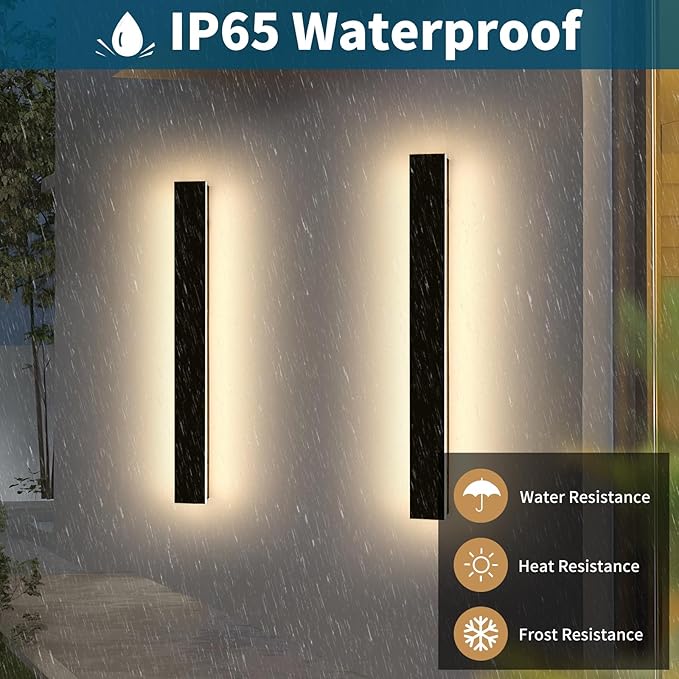 2 Pack 47.2inch Long Linear Outdoor Wall Light, 3000K Warm White Modern Wall Mounted Sconce, IP65 Waterproof, 42W, Black Exterior Lighting Fixture for Garage, Patio, Porch, Garden