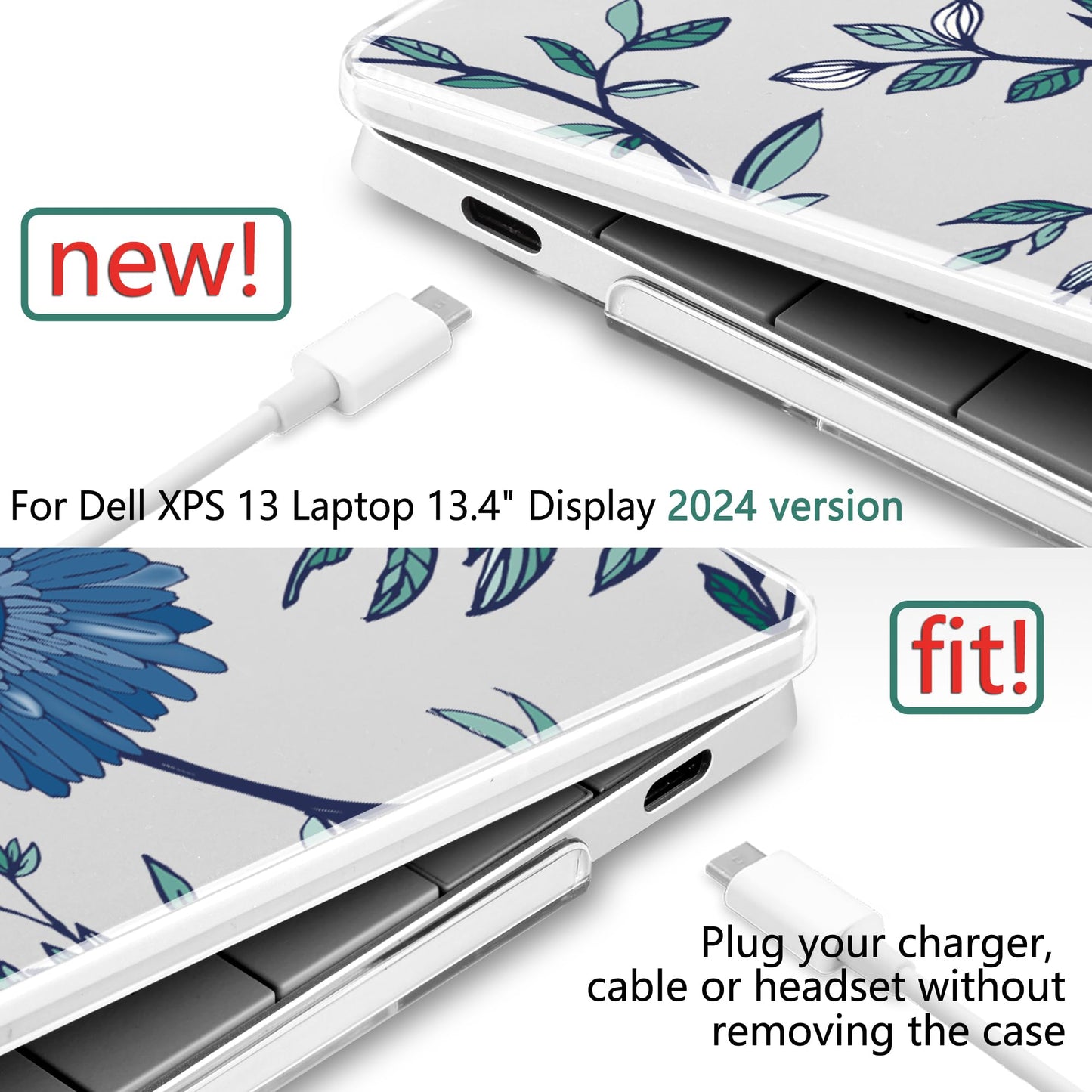 Batianda Case for 2024 Dell XPS 13 Laptop Copilot+ PC 13.4" Display Model Number 9345/9350, Lovely Ultra-Slim Lightweight Scratch-Resistant Hard Cover with Professional Protection, Blue Flowers