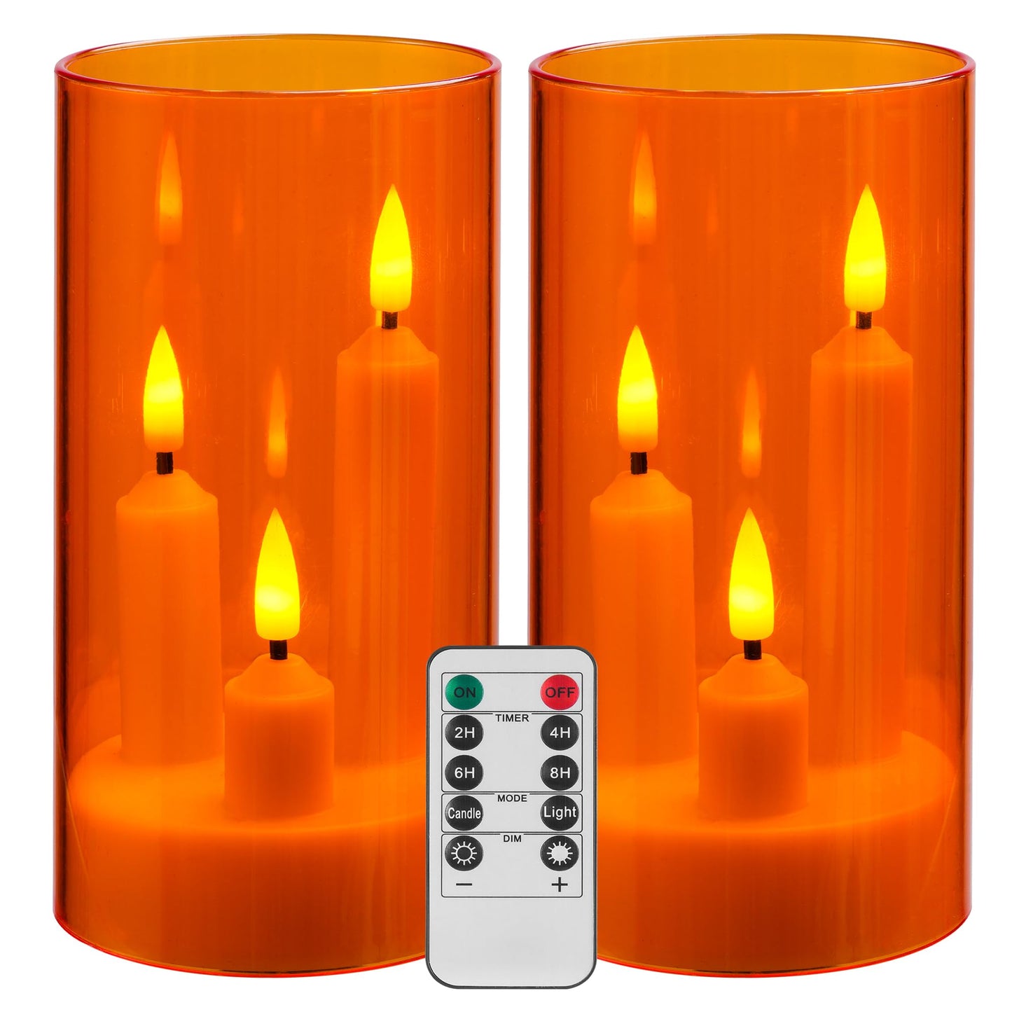 Da by 2 Pack 3D Wick Flameless Taper Candles, Orange Transparent Acrylic Cover, Remote Control Flickering LED Electric Candles, Battery Operated for Halloween Thanksgiving Christmas Home Decor.
