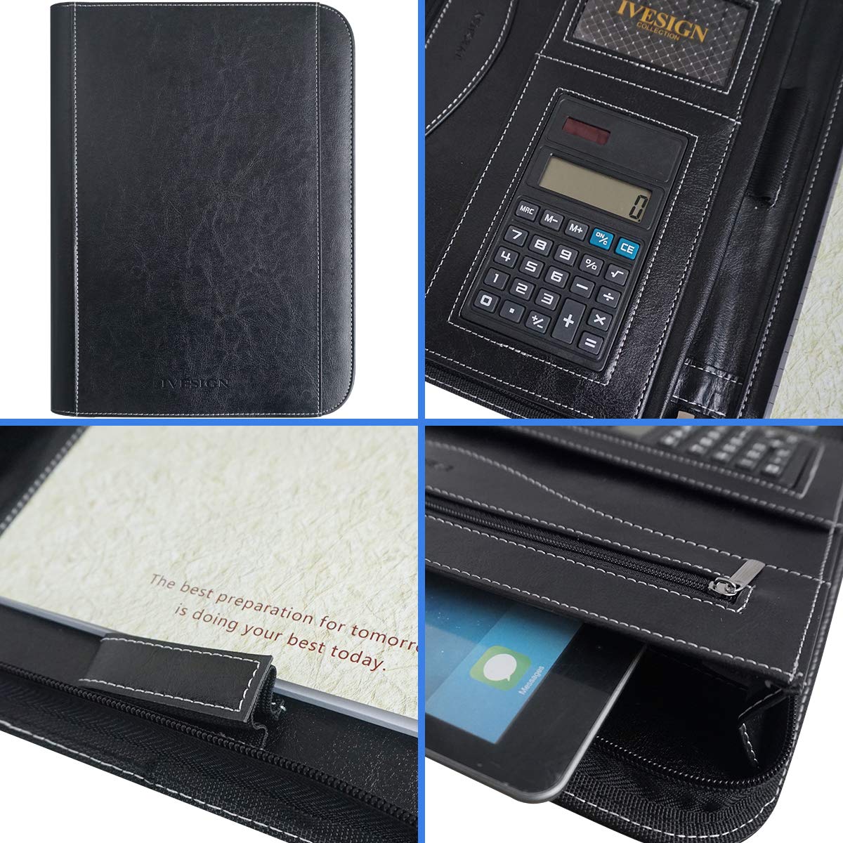 IVESIGN Faux Leather Portfolio Padfolio Organizer with Calculator, Writing Pad, Zipper Closure, Tablet Sleeve, Clipboard with Storage, Document Organizer, Business Card Holder, Note Pads-Black