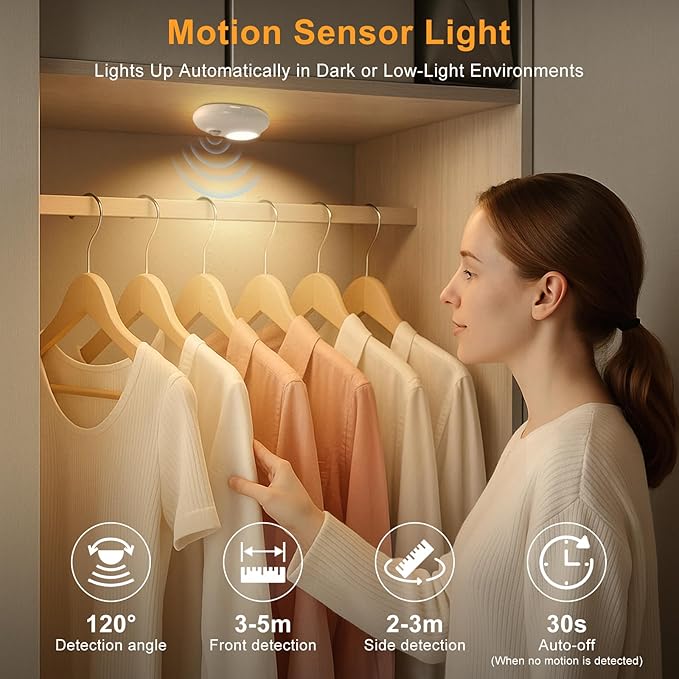 Motion Sensor Puck Lights, 3 Color Temps Dimmable LED Closet Light, Wireless USB Magnetic Cabinet Lights, Stick On Motion Sensor Light Indoor for Stair, Kitchen, Shelf (6 Pack)