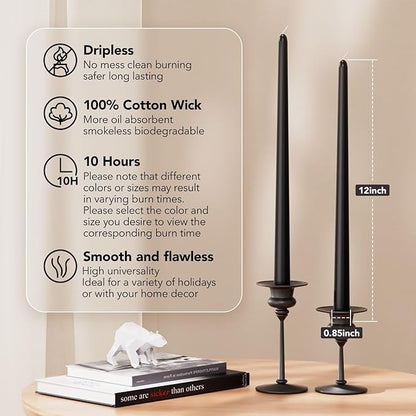 12-Inch Tall Dripless Taper Candles Set of 4 - Black Tapered Candles, Perfect for Halloween - Smokeless, Unscented, Long Burning - Hand Poured, Colored Tall Candlesticks - negras