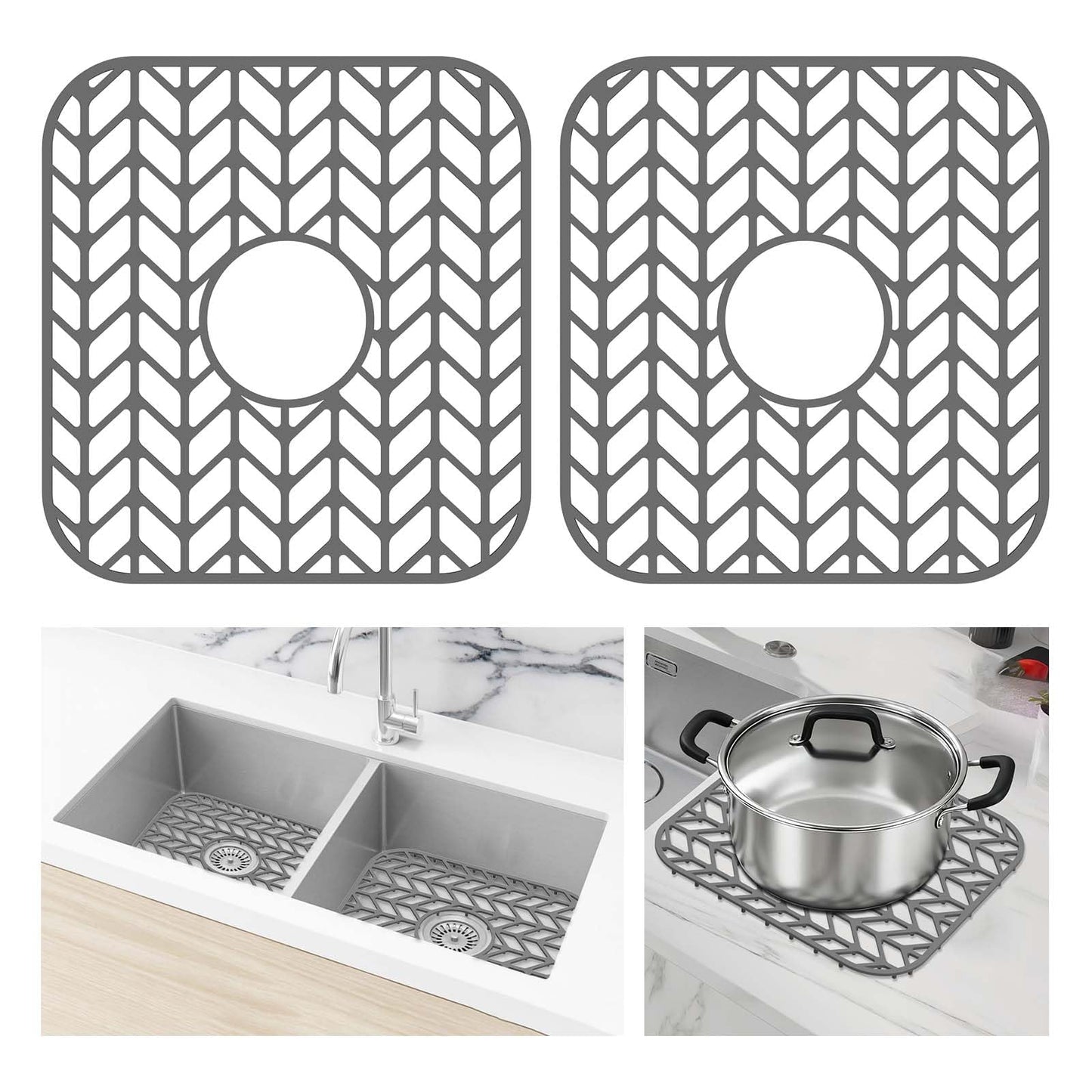 AWOKE Silicone Sink Protectors for Kitchen Sink, 12" x 11" Mat for bottom of sink, Center Drain Hole, Protect from Stains, Scratches, Dishwasher Safe Grid for Kitchen (2 Pack, Gray)