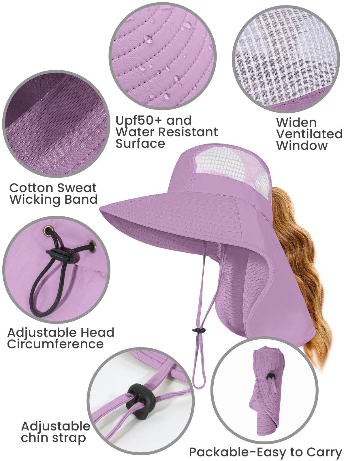 Sun Hats for Women UV Protection Wide Brim Beach Hats with Ponytail Hole with Neck Flap Waterproof for Hiking Fishing Gardening Travel Dark Purple