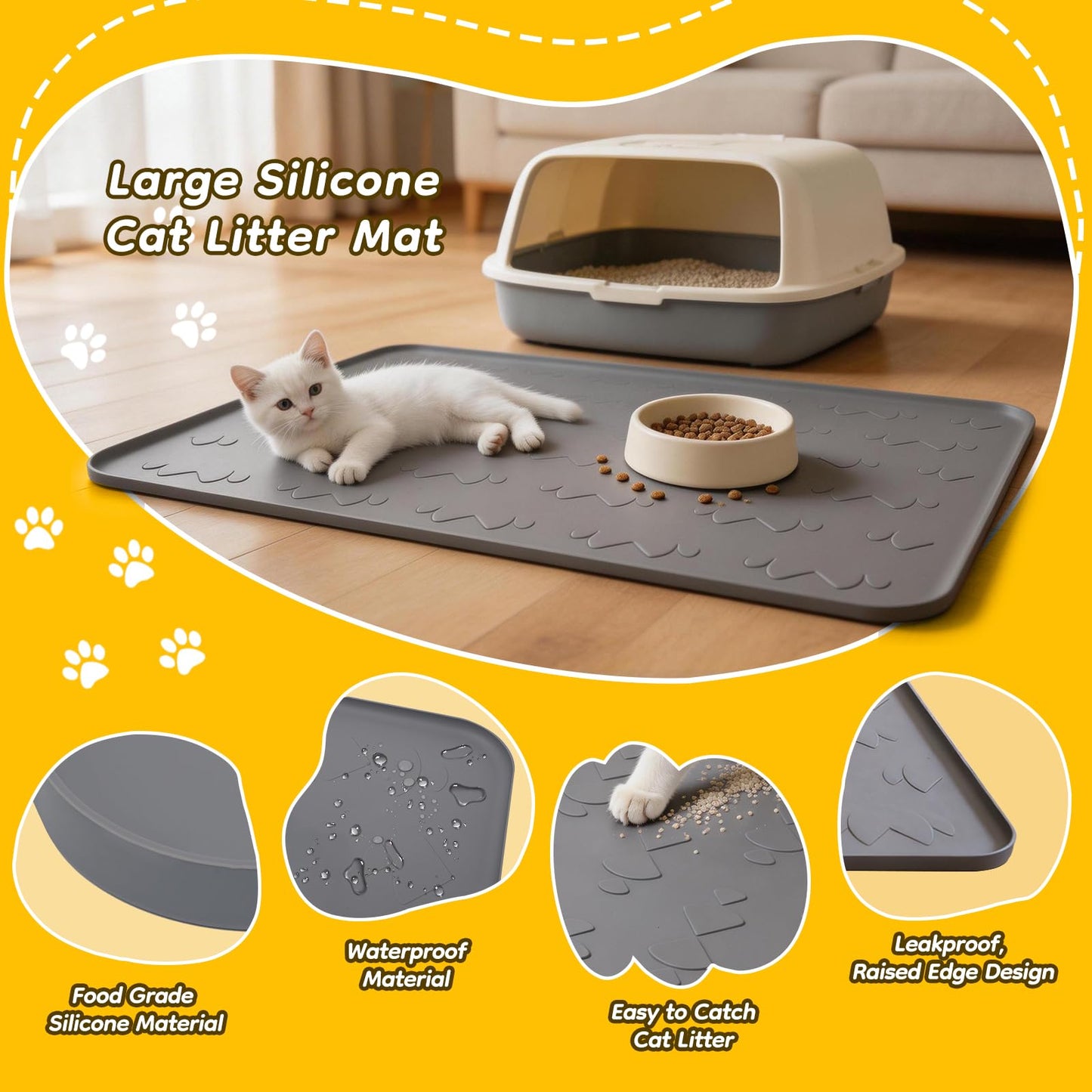 Vyrix Extra Large Cat Litter Mat, 40" x 28" Cat Litter Box Mat, Silicone Litter Trapping Mat, Soft on Kitty Paws & Easy to Clean for Floor, Waterproof/Urineproof Litter Pad for Indoor Cats