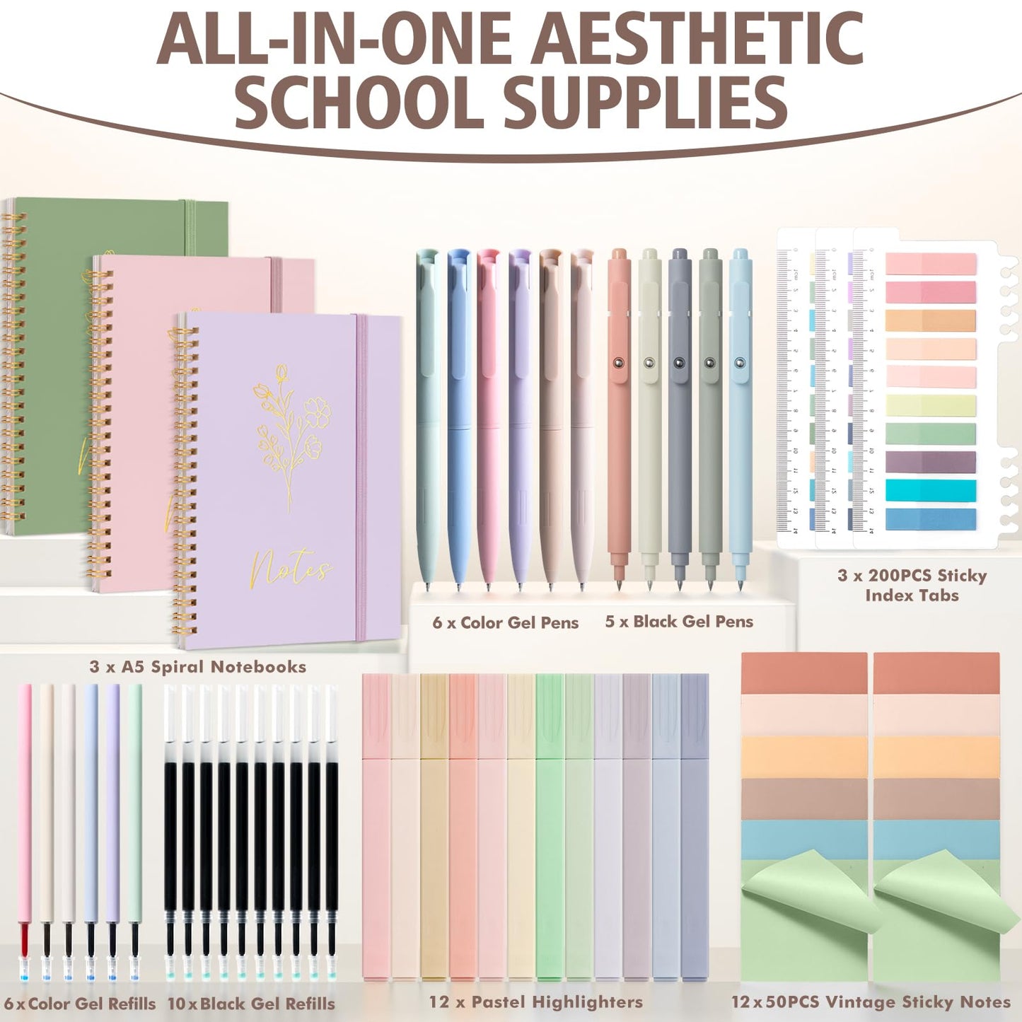 58PCS Aesthetic School Supplies, Cute College Ruled A5 Spiral Notebook Stationary Set Back to School Supplies Bible Study Kit Office College Essentials with Pastel Highlighters for Women Student Girls