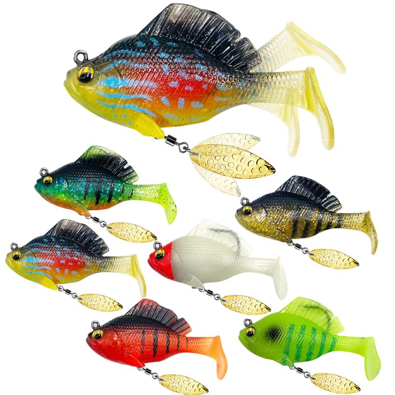 DAMIDEL 6Pcs Pre-Rigged Jig Head Soft Fishing Lures，Paddle Tail Swimbaits/3D Eyes/Spinner Blades for Bass Fishing,Hidden Ultra-Sharp Hook in the top fin,Fishing Bait for Freshwater Saltwater
