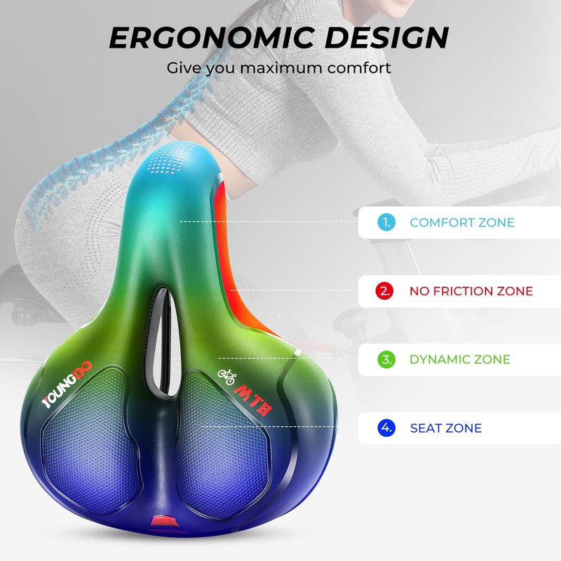 YOUNGDO Bike Seat - Comfortable Gel Foam Padded Leather, Wide Bike Saddle Cushion, Universal Fit, Shock Absorbing, for Women and Men