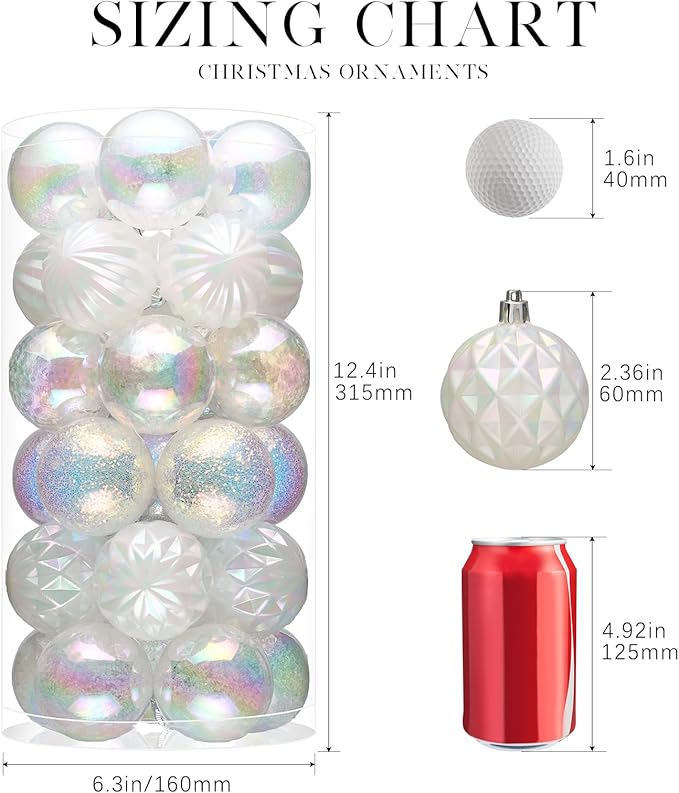 JORNOY Christmas Balls Ornaments, 30ct Shatterproof Xmas Tree Decorations, Hanging Bulbs Baubles Set with String for Holiday Home Party Decor, 2.36 inch/60mm, Iridescent