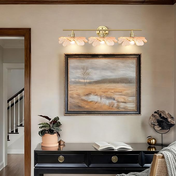 mid Century Bathroom Vanity Lights Over Mirror 3 Light Gold Wall sconce with Amber Glass Shade brass Vanity Lighting Vintage Wall sconces Glass wall lamp Wall Lighting for Bedroom Doorway Hallway