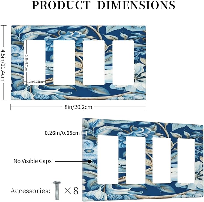 Blue Flowers Branches Leaves Floral Pattern Light Switch Cover 4 Gang Rocker Decora Outlet Covers Wall Plate Decorative Switchplate Electrical Faceplate GFCI for Farmhouse Living Bedroom Decor