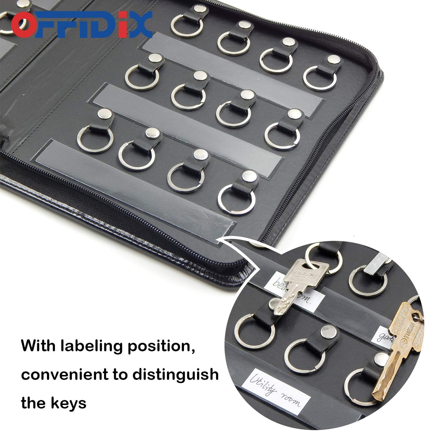 OFFIDIX Portable Zippered Key Case,Leather Portable Key Cabinet 24 Key Hooks Key Organizer,Manager & Landlord Key Holder, Business Padfolio for Real Estate Sales,Hotel Executives, Car Service