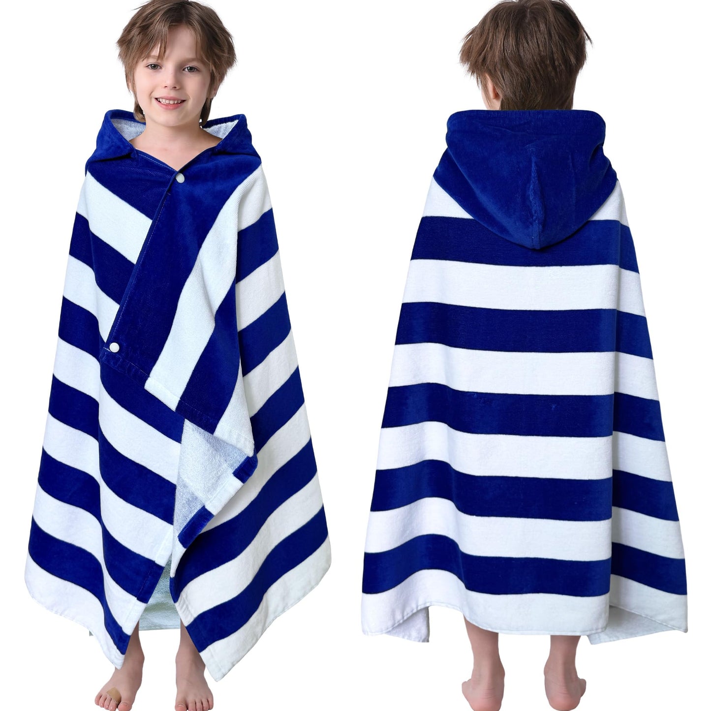 VOOVA & MOVAS Kids Beach Towel Wrap with Hood (3-8 Years, 30''x50'') - 100% Cotton Soft Absorbent Towel for Boys, Pool, Bath, Swimming & Beach - Blue Cabana Stripe Design