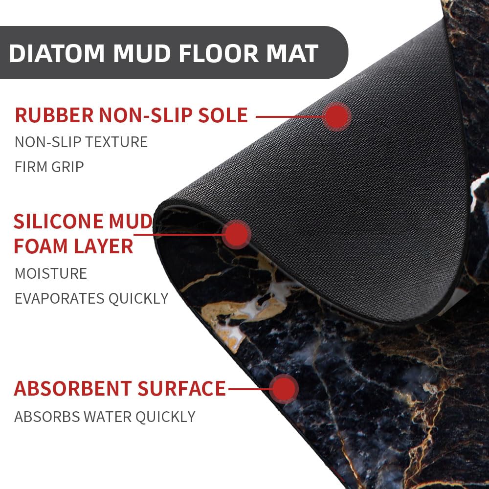 Bath Mat Rug,Black marble with yellow and white Non Slip Quick Dry Super Absorbent Thin Bathroom Rugs Fit Under Door-Easy to clean Bathroom Floor Mats-Shower Rug for Shower Sink Bathtub(16" x 24"In)