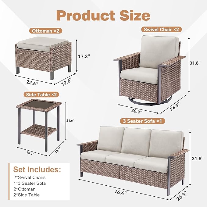 Outdoor Patio Furniture Set Swivel Chairs-7 Pieces All-Weather Wicker 3 Seater Sofa with 2 Ottomans Rattan Side Table, Wicker Sofa Outdoor Furniture for Porch Deck Backyard Brown/Beige