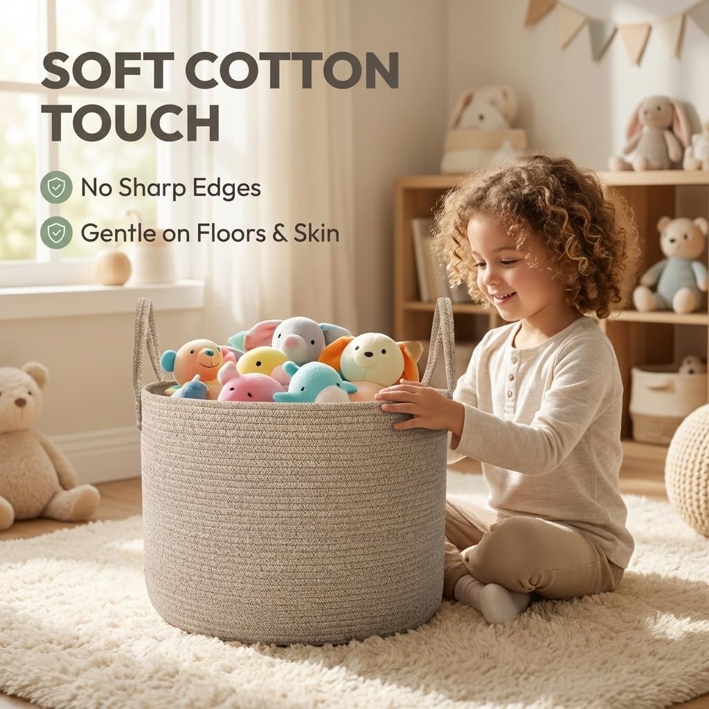 JMvicyroam 65L Extra Large Blanket Basket for Living Room - Woven Cotton Rope Laundry Hamper with Reinforced Handles - Storage Bin for Pillows, Comforters & Toys - Machine Washable,Oatmeal