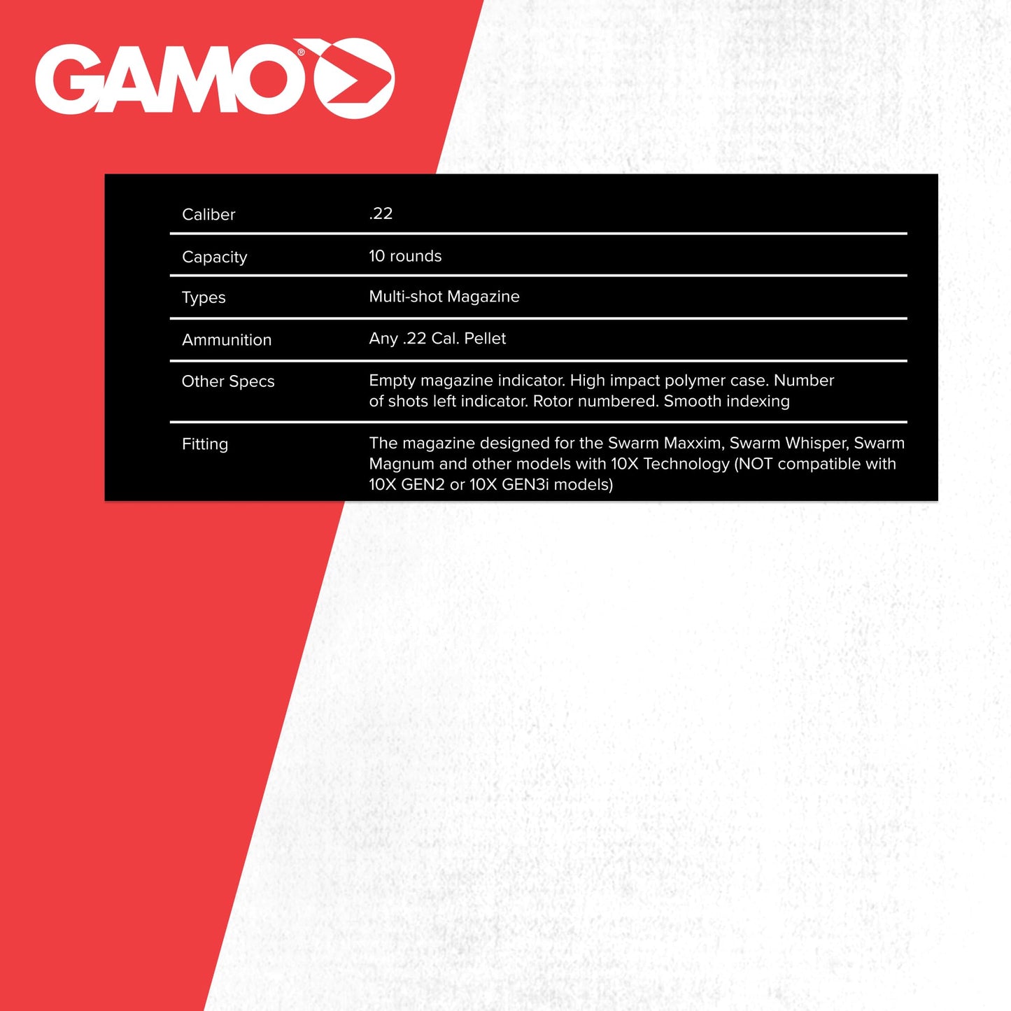 Gamo 10X Quick‑Shot Compatible 10‑Round Magazine -.22 Caliber