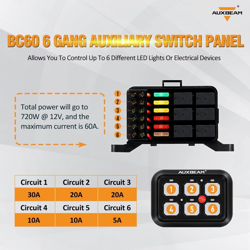 Auxbeam 6 Gang Switch Panel BC60, Universal Circuit Control Relay System Box with Automatic Dimmable On-Off LED Switch Pod Touch Switch Box for Car Pickup Truck UTV ATV Boat, 3 Years Warranty, Blue