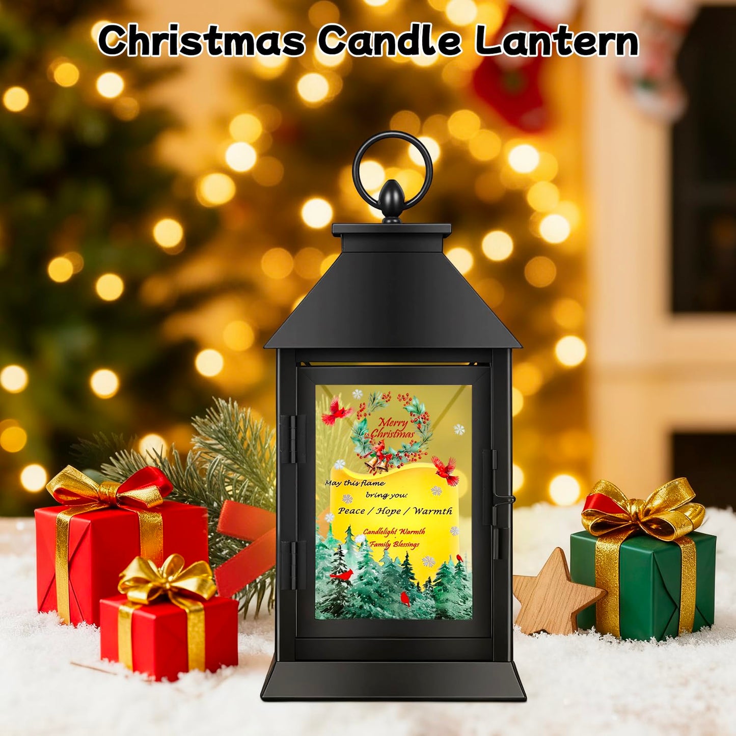 Christmas Candle Lantern Metal with LED Flickering Flameless Candles Light Xmas Decoration Lantern Indoor Outdoor Decorative for Table Home Decor Party Gift (Christmas)