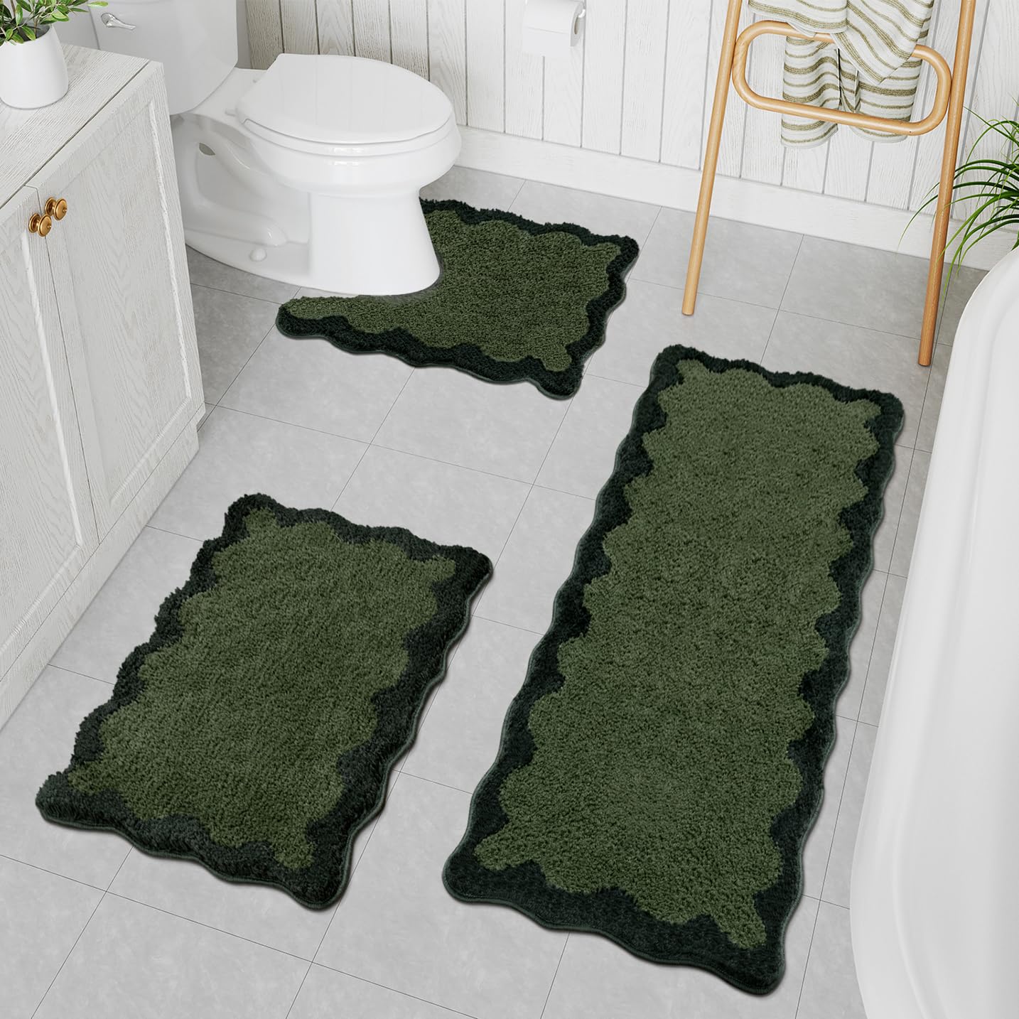 Uphome Scalloped Bathroom Rugs Sets 3 Piece Green Non-Slip Cute Absorbent Long Bath Mat with U-Shaped Contour Toilet Rug Fun Machine Washable Shaggy Bathroom Mats for Bathroom Tub Shower