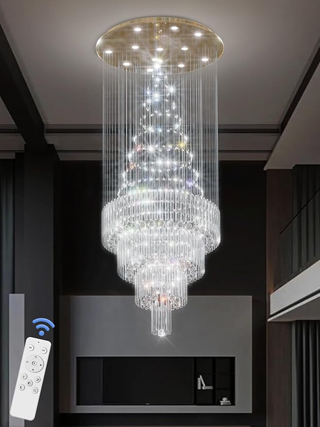 Flashing God D32''XH79'' Modern Foyer Chandelier for High Ceiling Raindrop Crystal Chandelier High Ceiling Pendant Light Fixture for Hallway Living Room Gold Stairwell Chandeliers