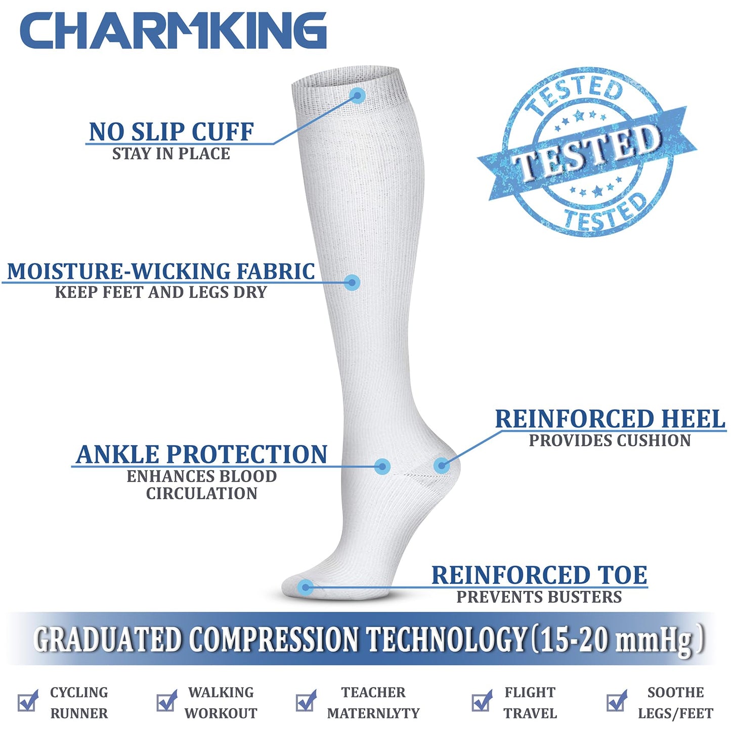 CHARMKING Compression Socks for Women & Men (8 Pairs) 15-20 mmHg Graduated Copper Support Calf Socks are Best for Pregnant, Nurses - Boost Performance, Circulation, Knee High Wide Calf(L/XL, Multi 52)
