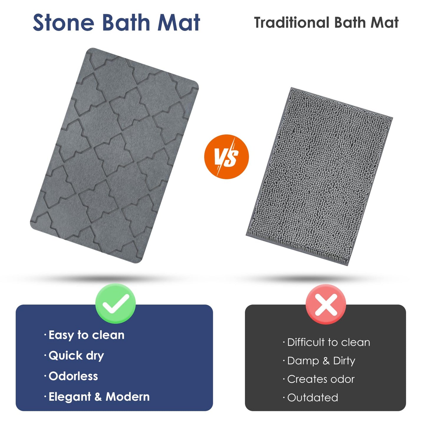 Large Stone Bath Mat for Bathroom Floor, Quick Dry Diatomaceous Earth Bath Mat with Non-Slip Back, Super Absorbent Diatomite Stone Mat for Shower, Easy to Clean, Natural(23.6" x 15.7" Dark Grey)