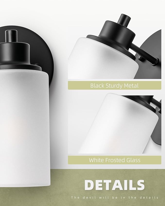 3 Pack Black Farmhouse Wall Sconces Light, Indoor Bath Vanity Light Fixtures with White Frosted Glass Shade, Modern Bathroom Wall Mounted Lights E26 Base Lamp for Bedroom, Porch, Kitchen