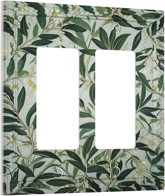 Sage Eucalyptus Leaves Foliage Dual Outlet Covers Wall Plate 2 Gang Rocker Decora Decorative Switchplate Electrical Faceplate GFCI Light Switch Covers for Farmhouse Living Decor