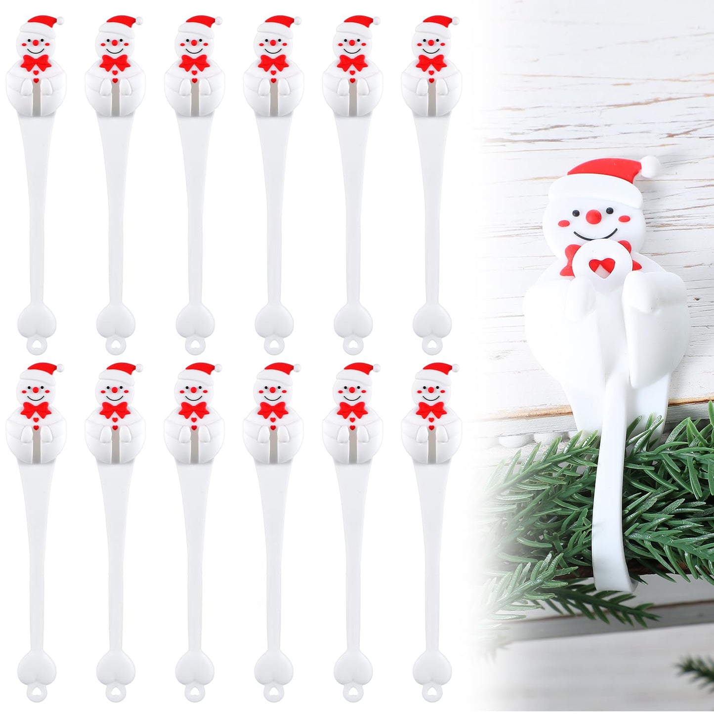 XunYee 12 Pcs Christmas Winter Snowman Garland Hangers for Mantle,Snowman Shaped Fireplace Garland Hanger, Xmas Ties Stocking Holder, Reusable Silicone Adhesive Straps for Stairways Banister Staircase