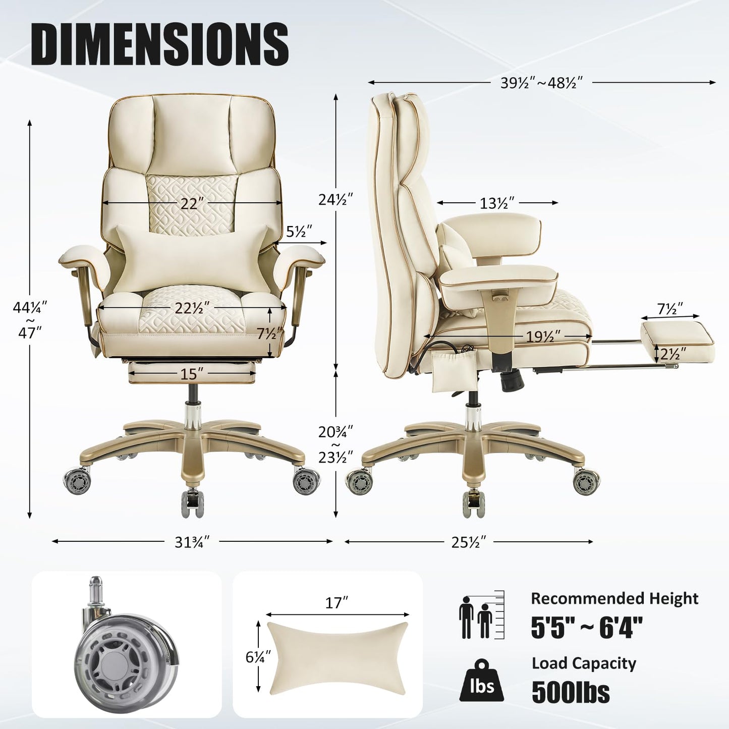 Furnistyle Leather Office Chair with Footrest, High-Back Executive Office Chair with Adjustable Lumbar Support, Luxury Desk Chair with Silent Wheels Rocking 360° Swivel, Height Adjustment,Beige