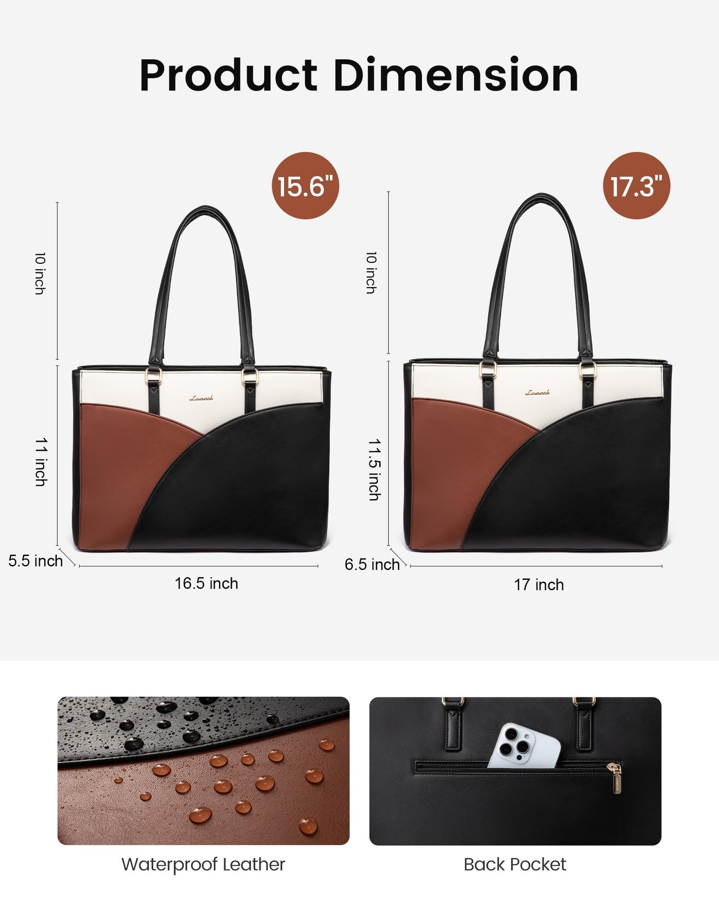LOVEVOOK Laptop Bag for Women,15.6 Inch Work Teacher Bags Leather Tote Bag Briefcase Waterproof Computer Bag for Women，Black-White-Brown