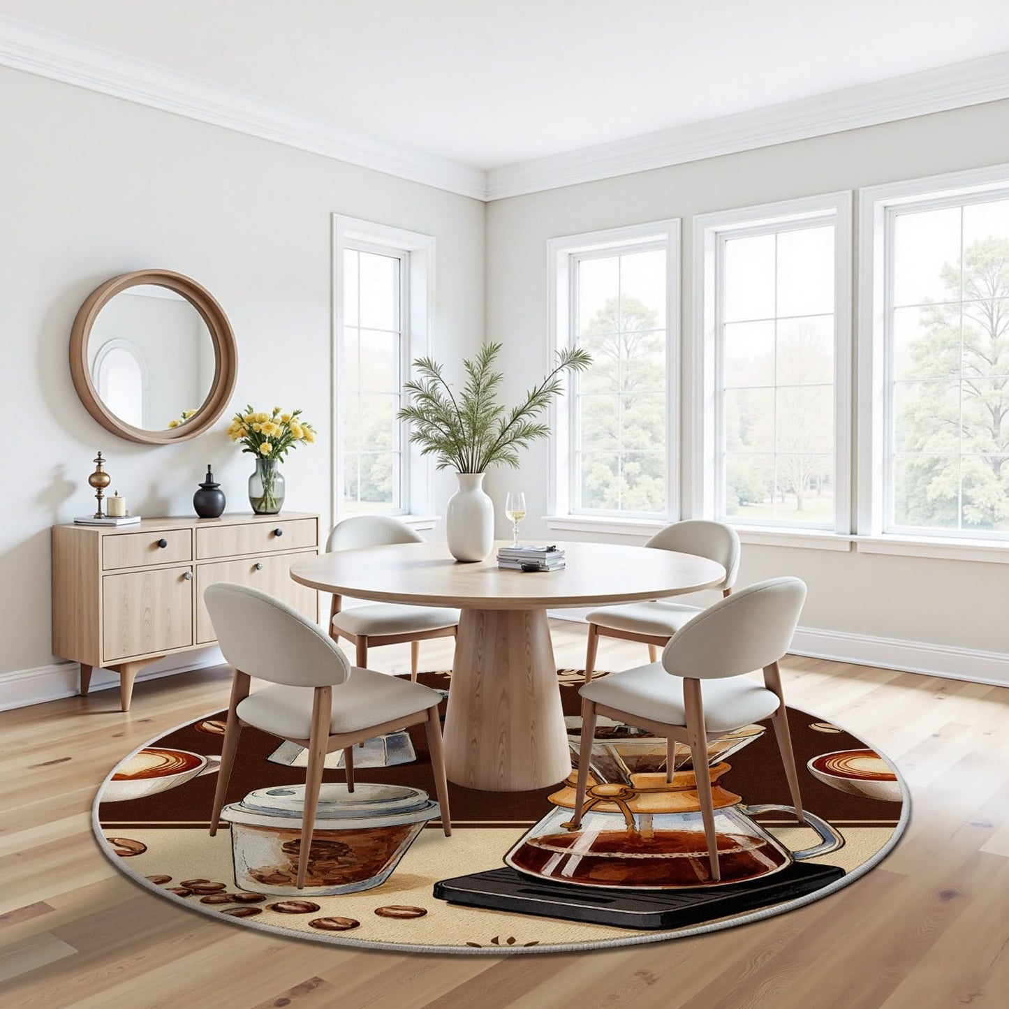 Egljss 4ft Round Rug, Coffee Bean Circle Area Rug for Living Room, Brown Round Carpet for Bedroom, Coffee Cup Circle Washable Rugs for Dining Table, Rugs Non Slip Kitchen