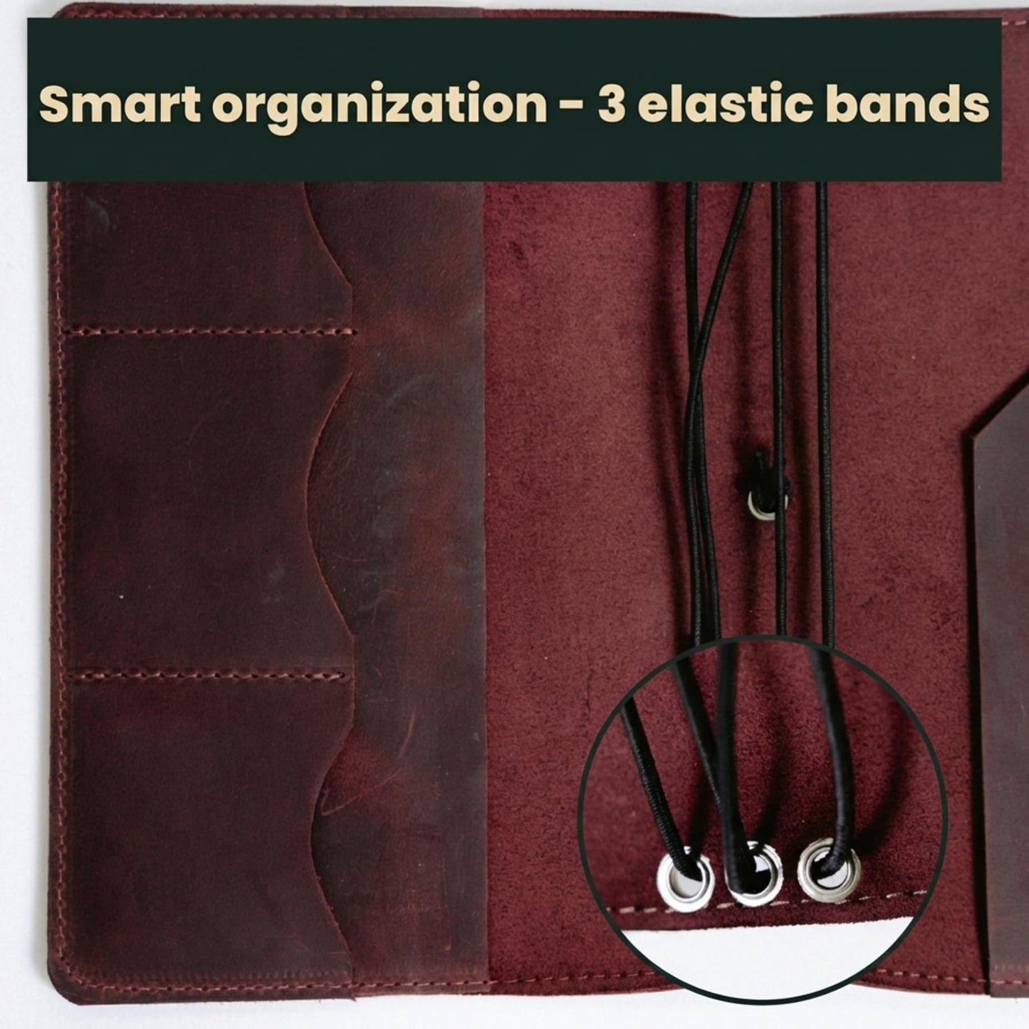 TORAKIP Genuine Leather A5 Notebook Cover – Refillable Journal Case with 3 Elastic Bands, Pen Holder & Inner Pockets, Fits Standard A5 Inserts 5.8 x 8.3 inch (Paper Not Included), Burgundy