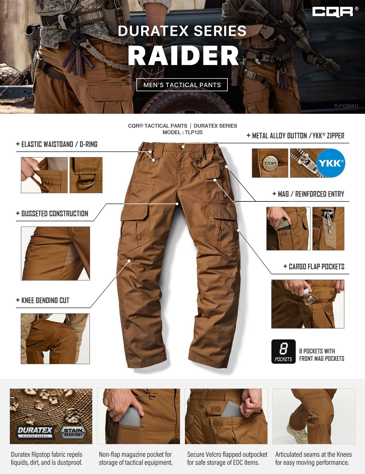CQR Men's Tactical Pants, Water Resistant Ripstop Cargo Pants, Lightweight EDC Work Hiking Pants, Outdoor Apparel, Duratex Mag Pocket Copper Brown, 44W x 30L