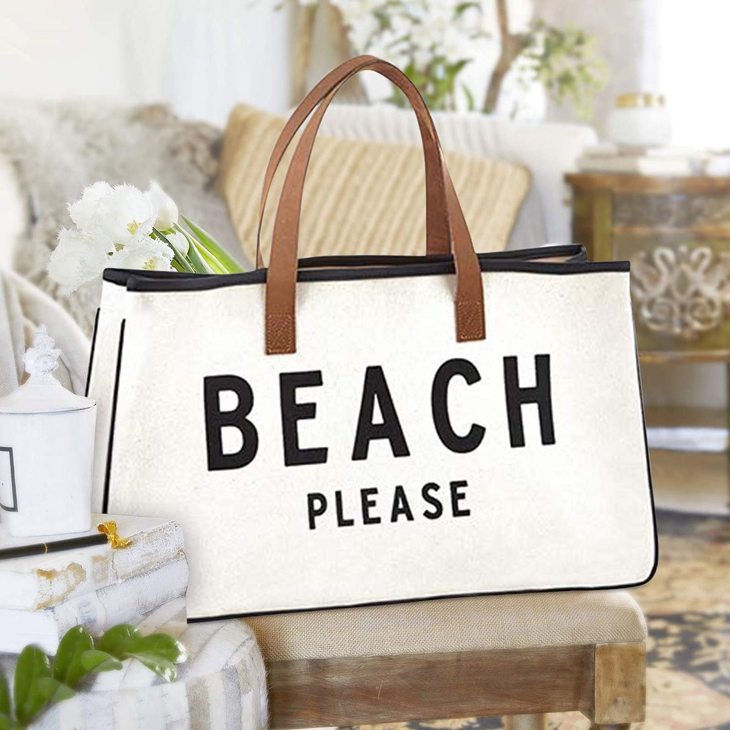Santa Barbara Design Studio Womens Tote - Cotton Canvas Shoulder Bag with Leather Handles and Waterproof Lining, Large, Beach Please