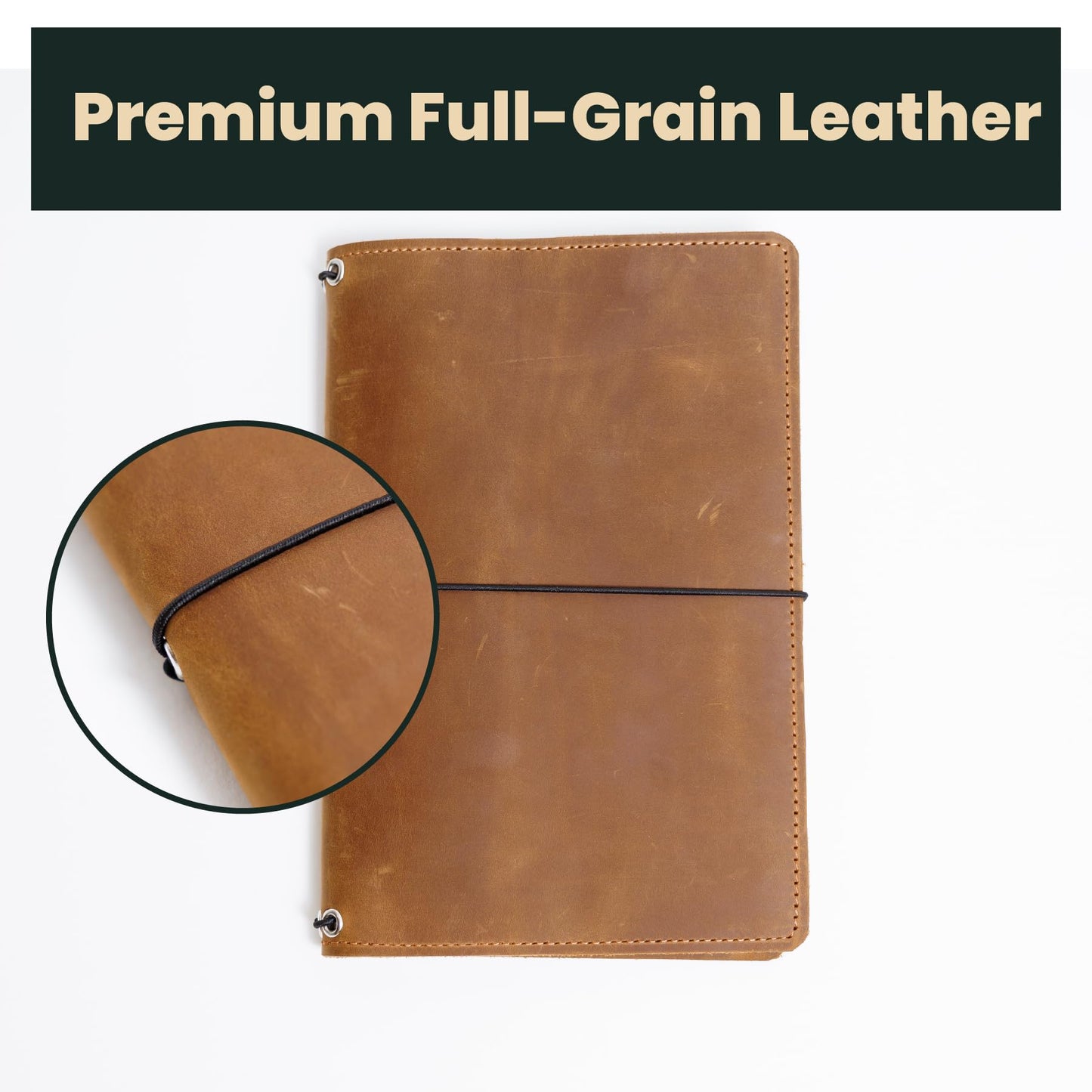 Leather Journal Cover A5 – Full Grain Handmade Notebook Cover with Card Slots, Pen Loop & Elastic Bands – Refillable Field Notes Planner for Work, Study & Travel, Premium Leather Gift Non-Custom