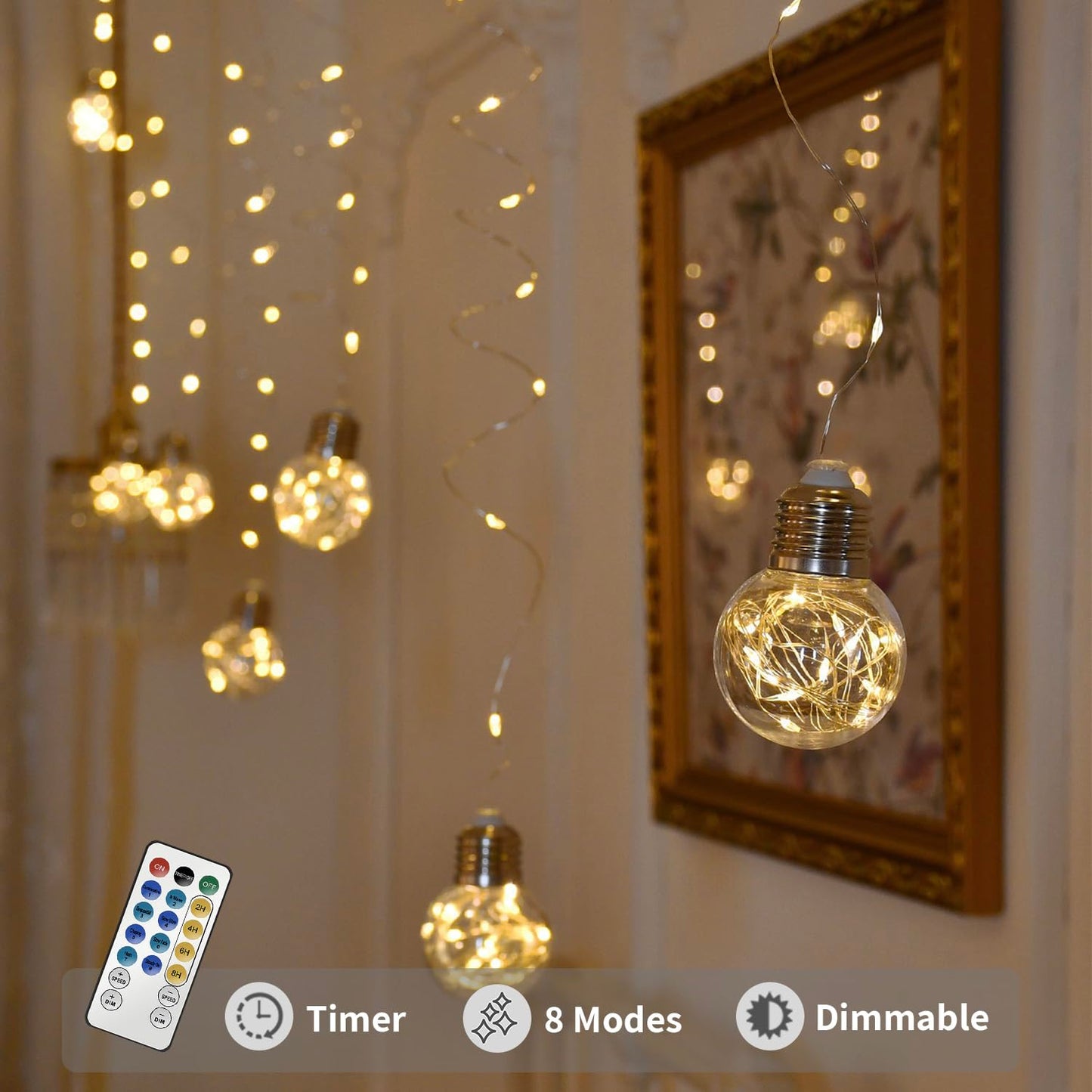 YOLIGHT Wishing Ball Curtain Lights 200 LED Window Curtain String Lights with Remote, USB Battery Powered Twinkle Globe Fairy Lights for Wedding Party Bedroom Christmas Decoration (Warm White)