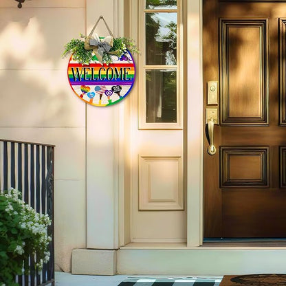 Gay Pride Progress Pride Rainbow Door Sign Welcome LGBTQ Love Heart Round Wood Sign with Bow Wreath Lesbian Parade Day Pansexual Bisexual Transgender Hang Sign for Front Door Diversity 12 In
