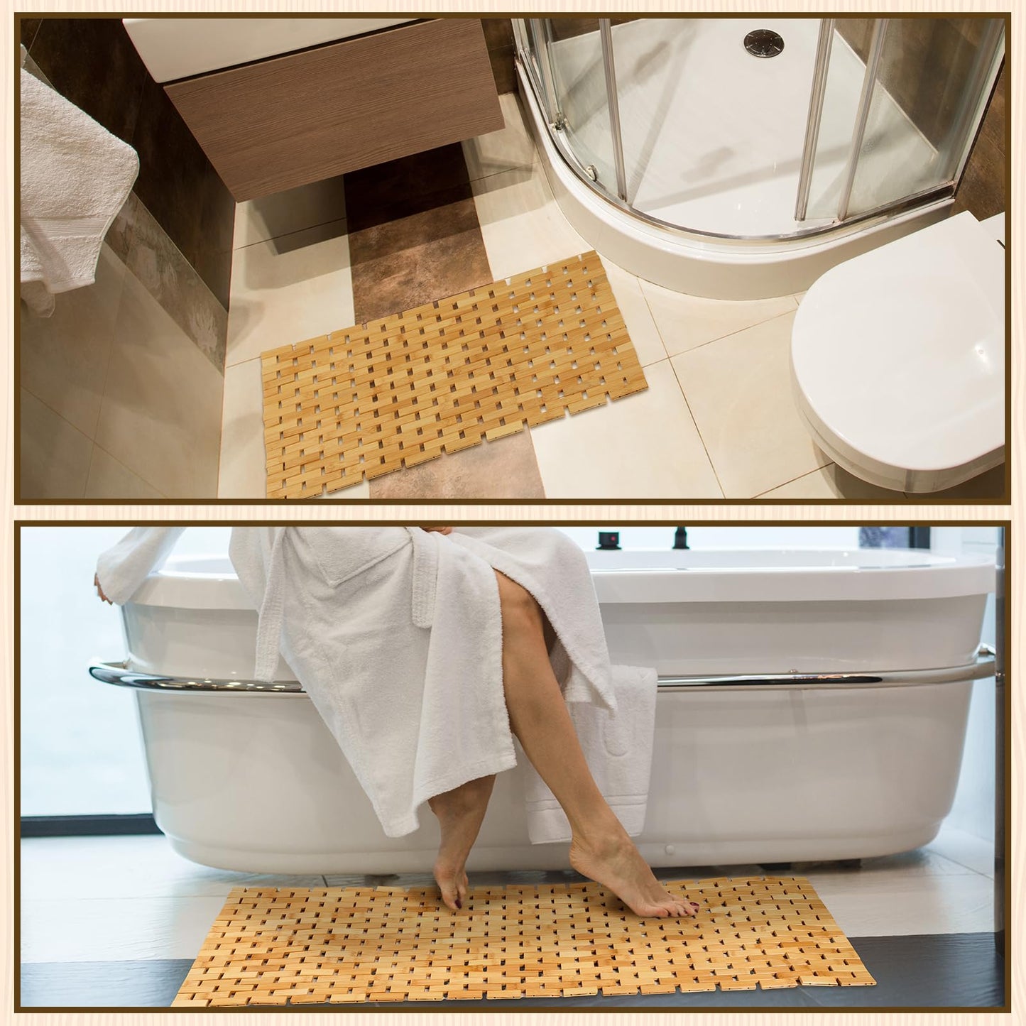 Barydat 2 Pcs Bathroom Bamboo Bath Mat Set Long Large Bathtub Non Slip Bamboo Shower Mat Floor Wooden Rug Waterproof Bathmat for Bathroom Accessory Spa Kitchen Outdoor, 16 x 48 Inch and 16 x 24 Inch