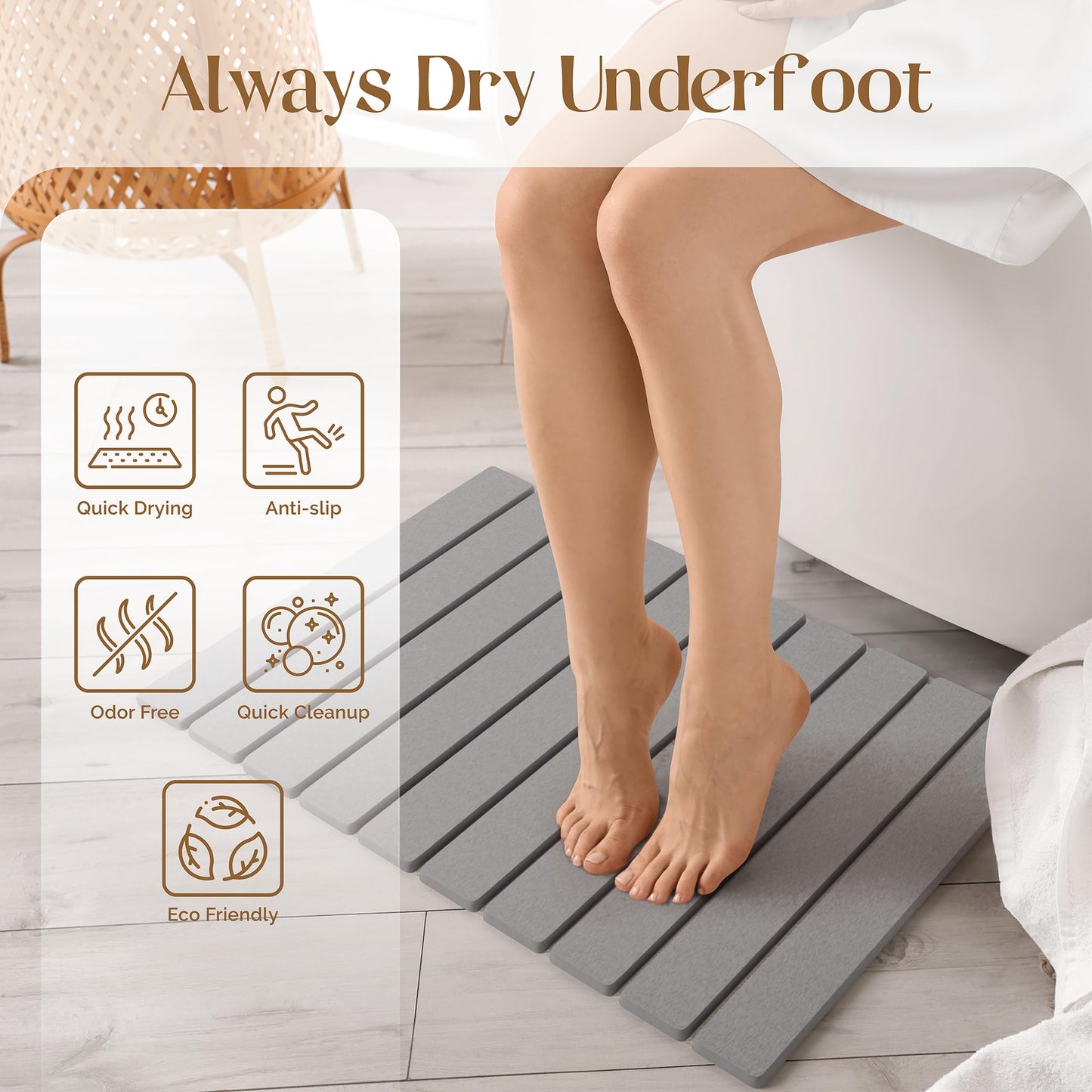 Stone Bath Mat for Bathroom – Roll-Up & Foldable | 23.62" x 15.75" | Quick Drying & Super Absorbent | Long Diatomite Stone Drying Mat for Kitchen| Non-Slip | Durable | Gray