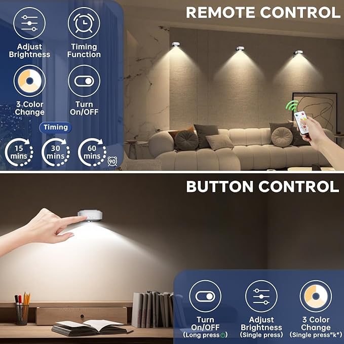 Lightbiz Picture Lights for Wall 3 Pcs, Rechargeable Battery Operated Magnetic Wall Lights with 3 Color Temps, Remote Dimmable Timer Painting Light for Art Display, Frame, Poster