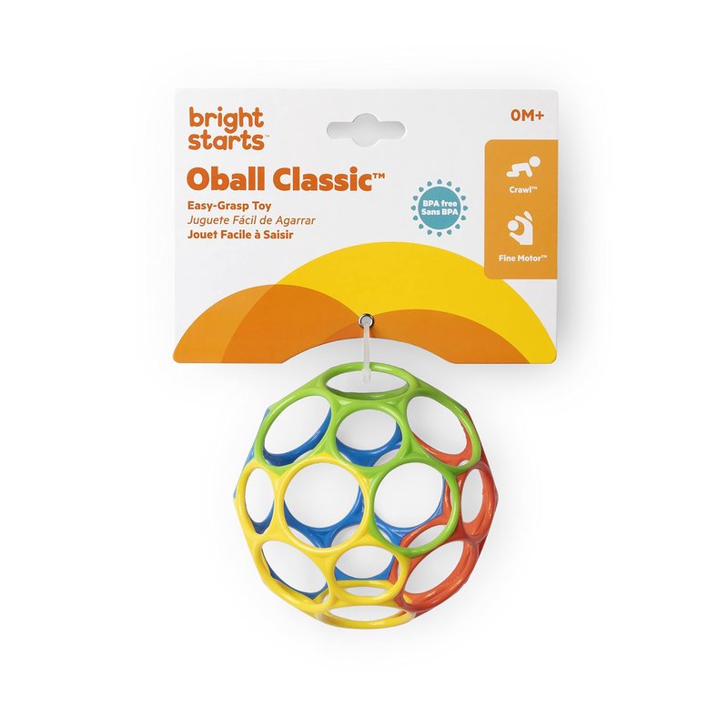 Bright Starts Oball Easy Grasp Classic Ball BPA-Free Infant Toy in Red, Yellow, Green, Blue, Age Newborn and up, 4 Inches