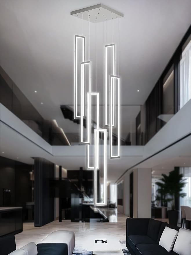 Flashing God Modern Chandelier,6 Ring Led Foyer Chandeliers,Larger High Ceiling Chandelier for Living Room,Rectangle Chandeliers for Entryway Staircase LED Dimming 2700k-6000k