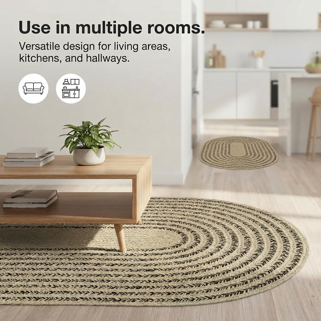 Cotton Braided Rug - 4' x 6' Beige and Brown Oval Woven Farmhouse Rug for Bedroom - Braided Minimalist Rugs for Living Room - Rustic Primitive Rugs for Breakfast Nook