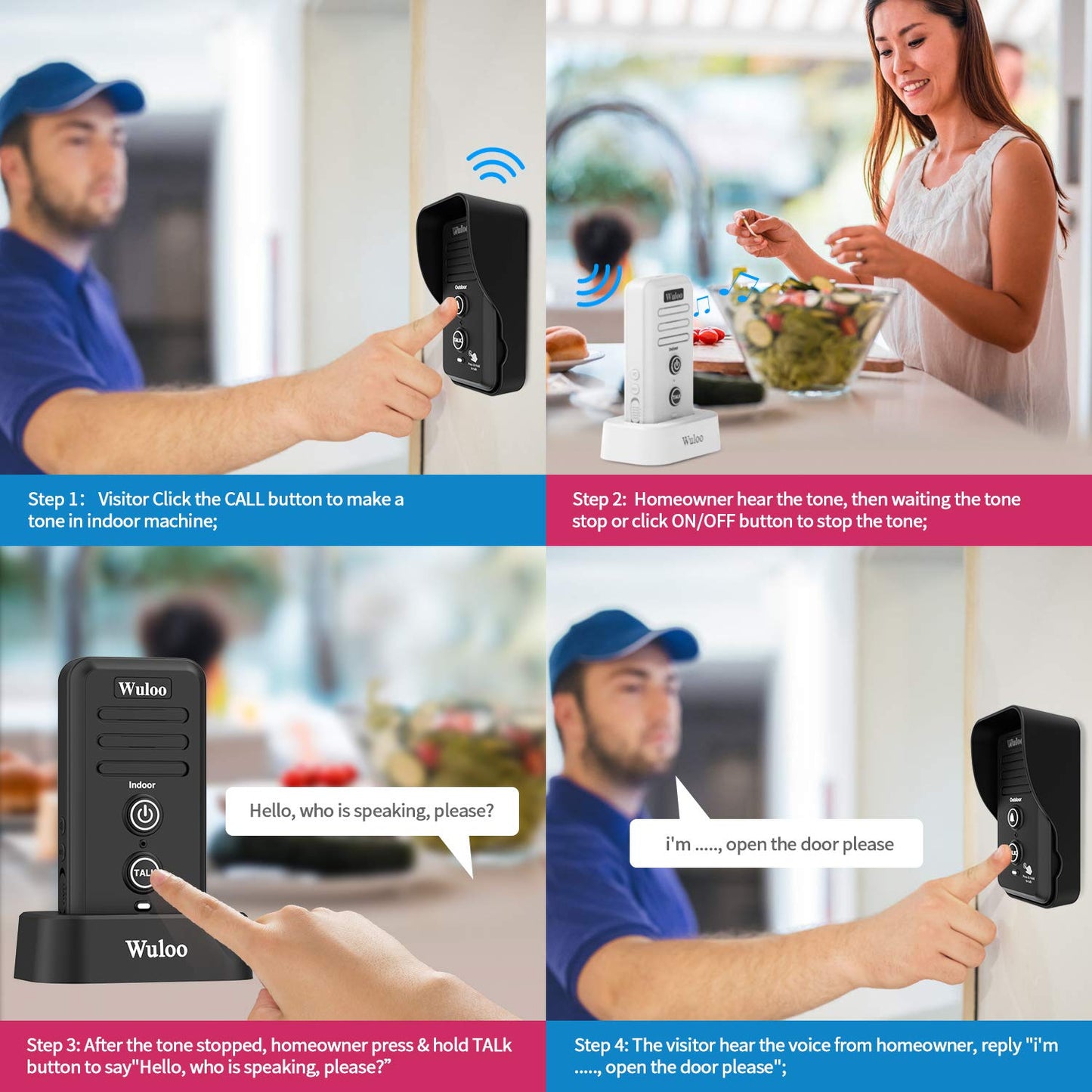 Wireless Intercom Doorbells for Home Classroom, Wuloo Waterproof Electronic Doorbell Chime with 2640 Feet Range 3 Volume Levels Rechargeable Battery (1&1-Black)