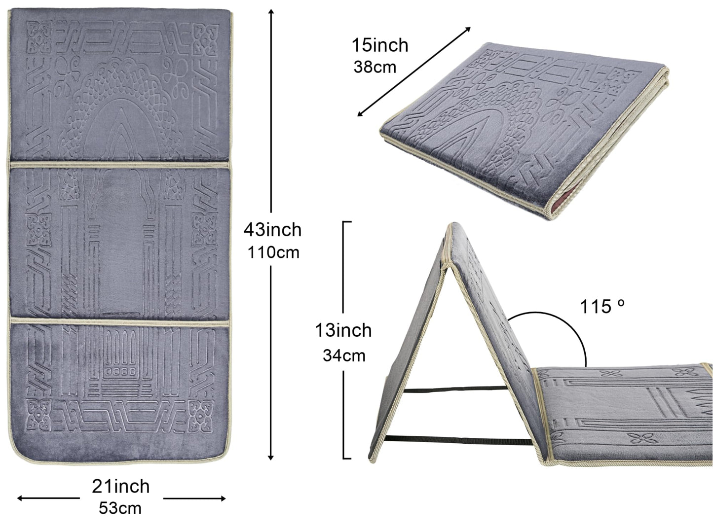 L.FORY Prayer Rug with Back Support/Foldable Meditation Floor Chair & Carrying Pocket (Gray)