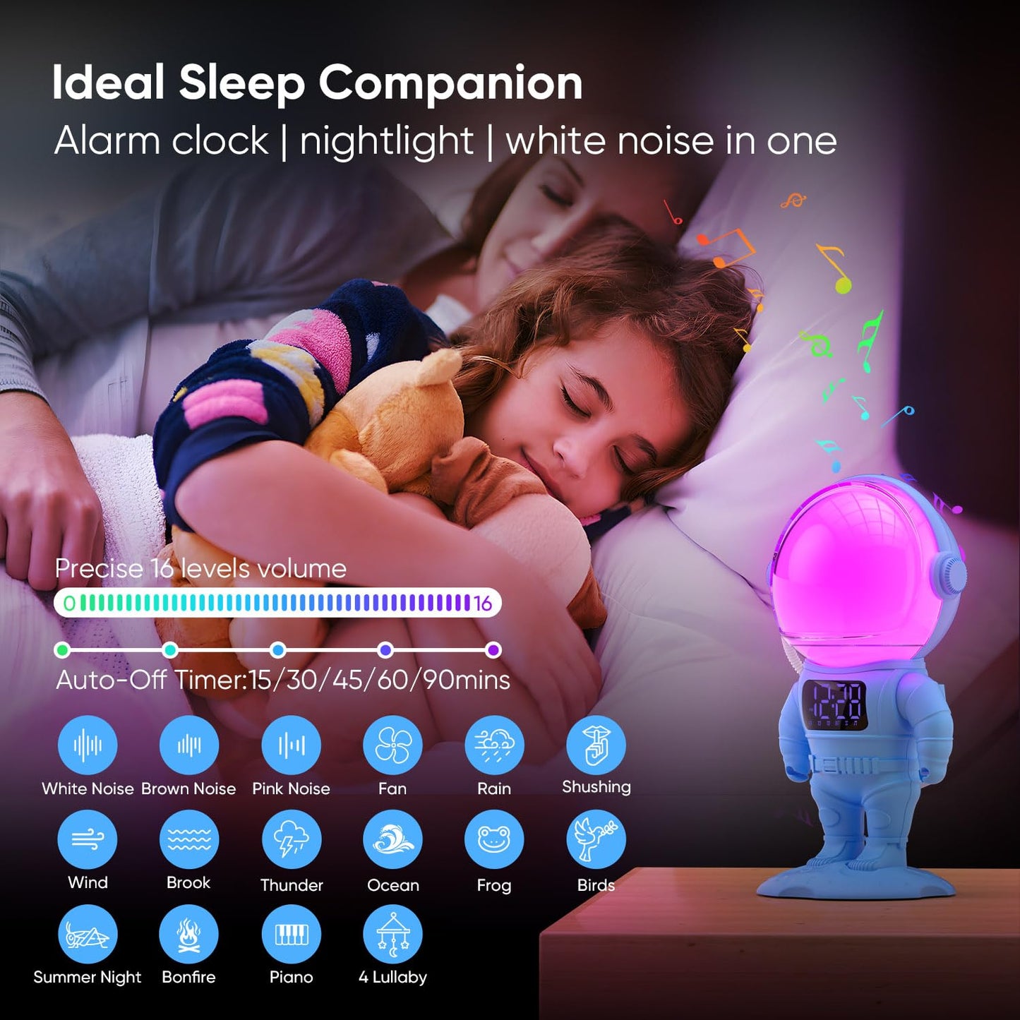 AFEXOA Astronaut Sunrise Alarm Clock for Kids, White Noise Sound Machine with 30 Soothing Sounds, 22 Dimmable Nightlights, Bluetooth Speaker, Dual Alarms, Wake Up Light for Bedroom(Blue)