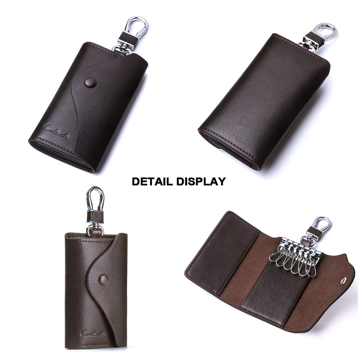 Leather Car Keychain Wallet Bag Case For Key Chains Holder, Mens Genuine Leather Car Key Case Card ID Holder Wallet Keyring Keychain